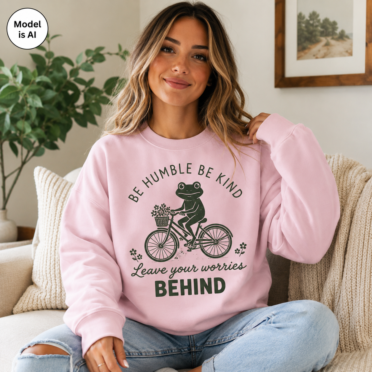 A woman sitting on a beige couch wearing a light pink crewneck sweatshirt with a black graphic of a frog riding a bicycle and the text 'BE HUMBLE BE KIND Leave your worries BEHIND'.
