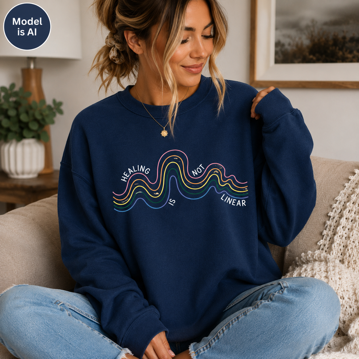 A woman sitting on a beige couch wearing a navy blue crewneck sweatshirt with a colorful wavy line graphic and the text 'HEALING IS NOT LINEAR'.