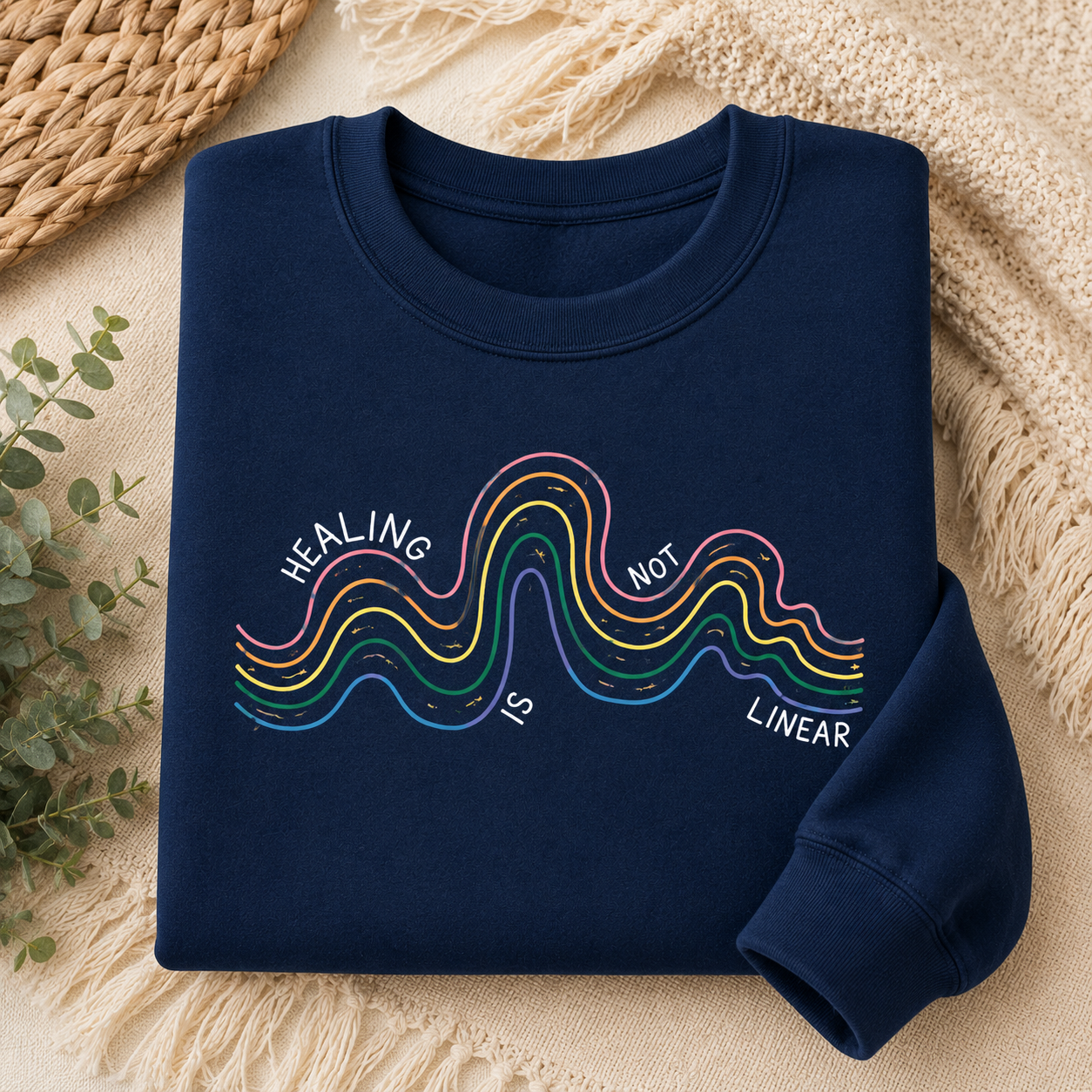 A navy blue crewneck sweatshirt with a colorful graphic reading 'HEALING IS NOT LINEAR' in white text over wavy rainbow stripes, styled flat on a beige textured blanket with woven and knit props.