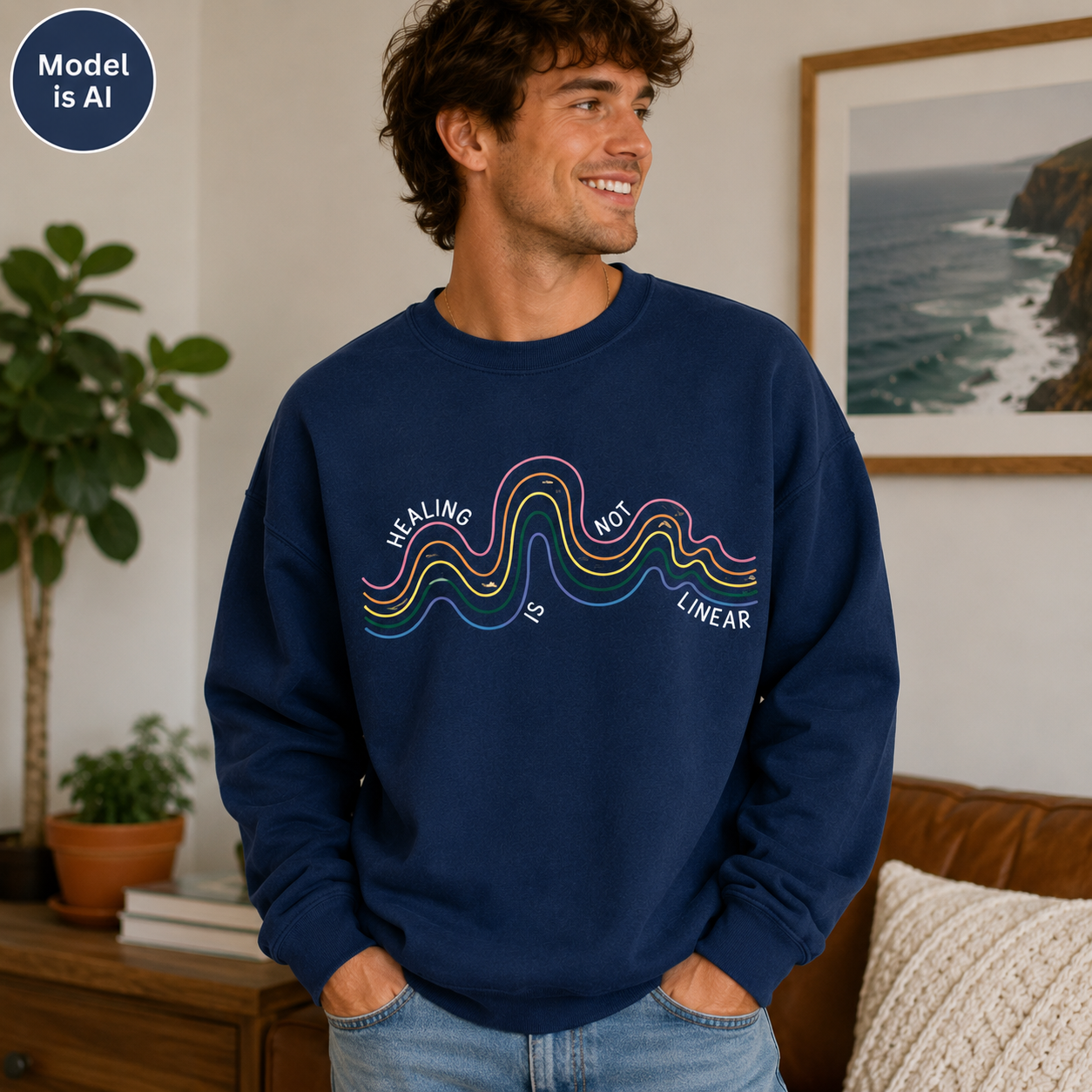 A man wearing a navy blue crewneck sweatshirt with a colorful wavy graphic and the text 'HEALING IS NOT LINEAR' in a cozy indoor setting. A 'Model is AI' badge is visible in the top-left corner.