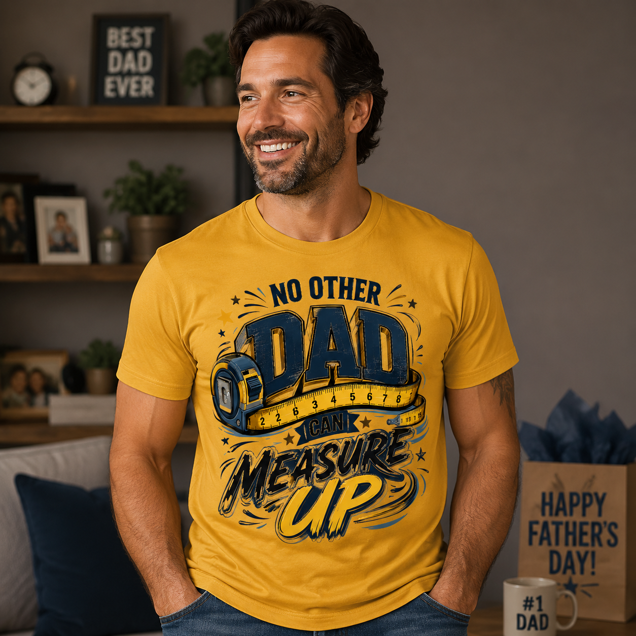 Man wearing a yellow t-shirt with a Father's Day message, standing in a cozy living room. The Scoobie Shack