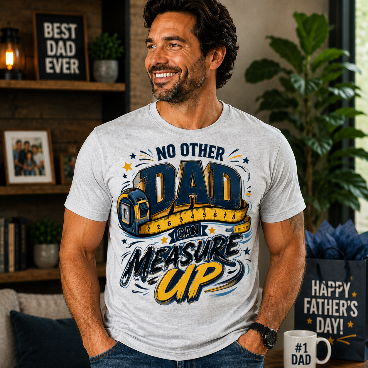Man wearing a t-shirt with a Father's Day design, standing in a home setting.
