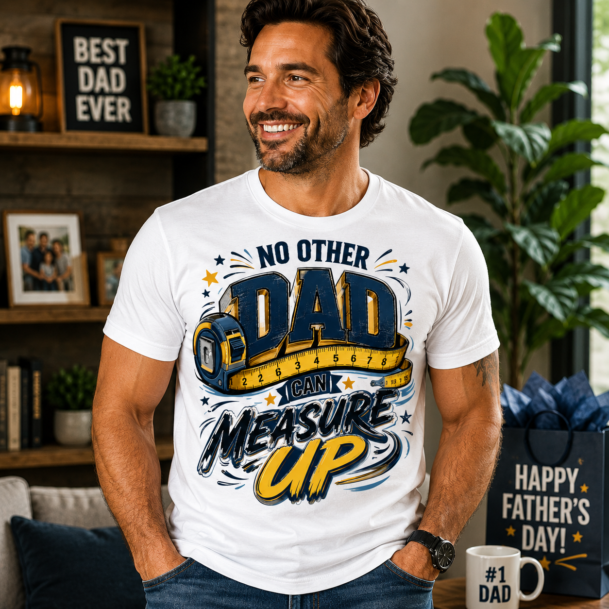 Man wearing a white t-shirt with a Father's Day design, standing in a home setting.