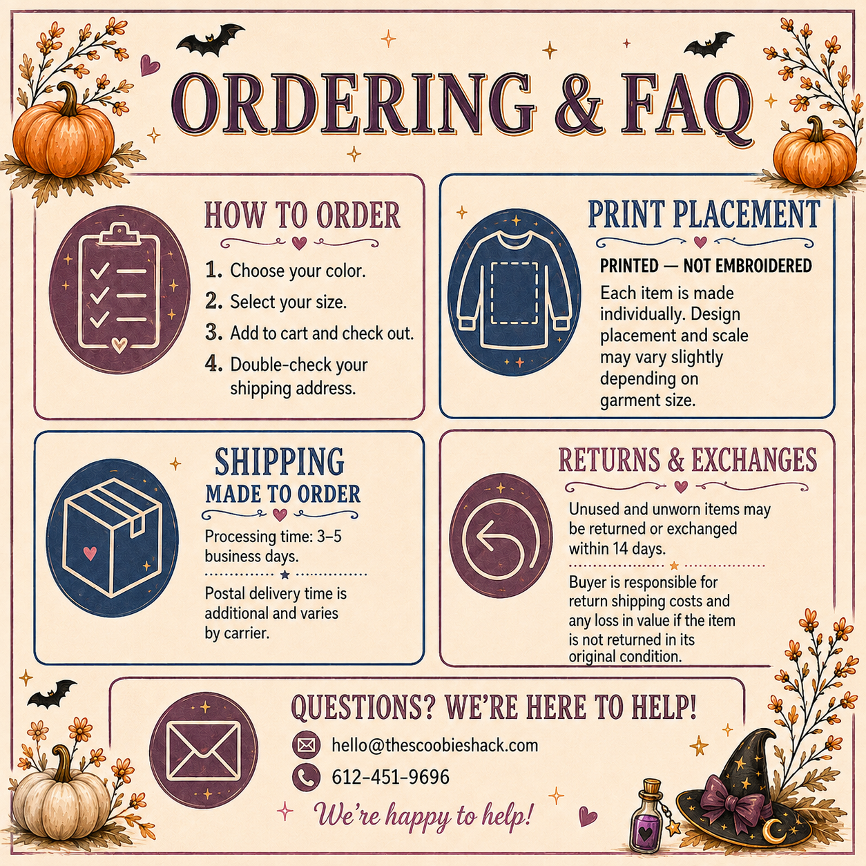 Halloween sweatshirt ordering and FAQ guide covering how to order, print placement, 3–5 business day processing, 14-day returns and exchanges, and The Scoobie Shack contact information.
