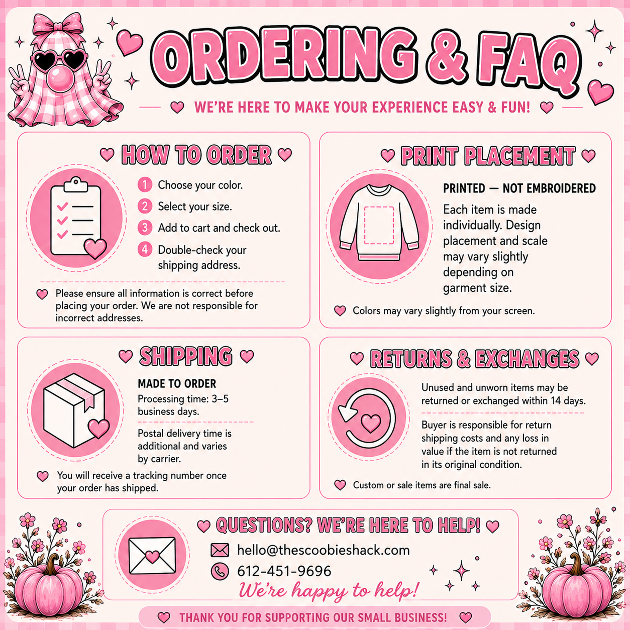 Pink Halloween Ordering and FAQ guide with ordering steps, print placement, shipping, returns and exchanges, and Scoobie Shack contact information.