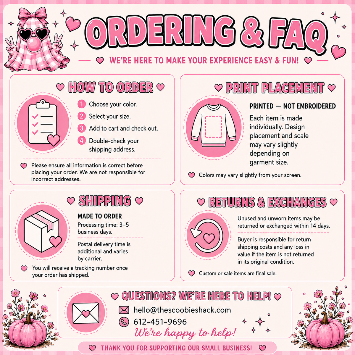 Pink Halloween Ordering and FAQ guide with ordering steps, print placement, shipping, returns and exchanges, and Scoobie Shack contact information.