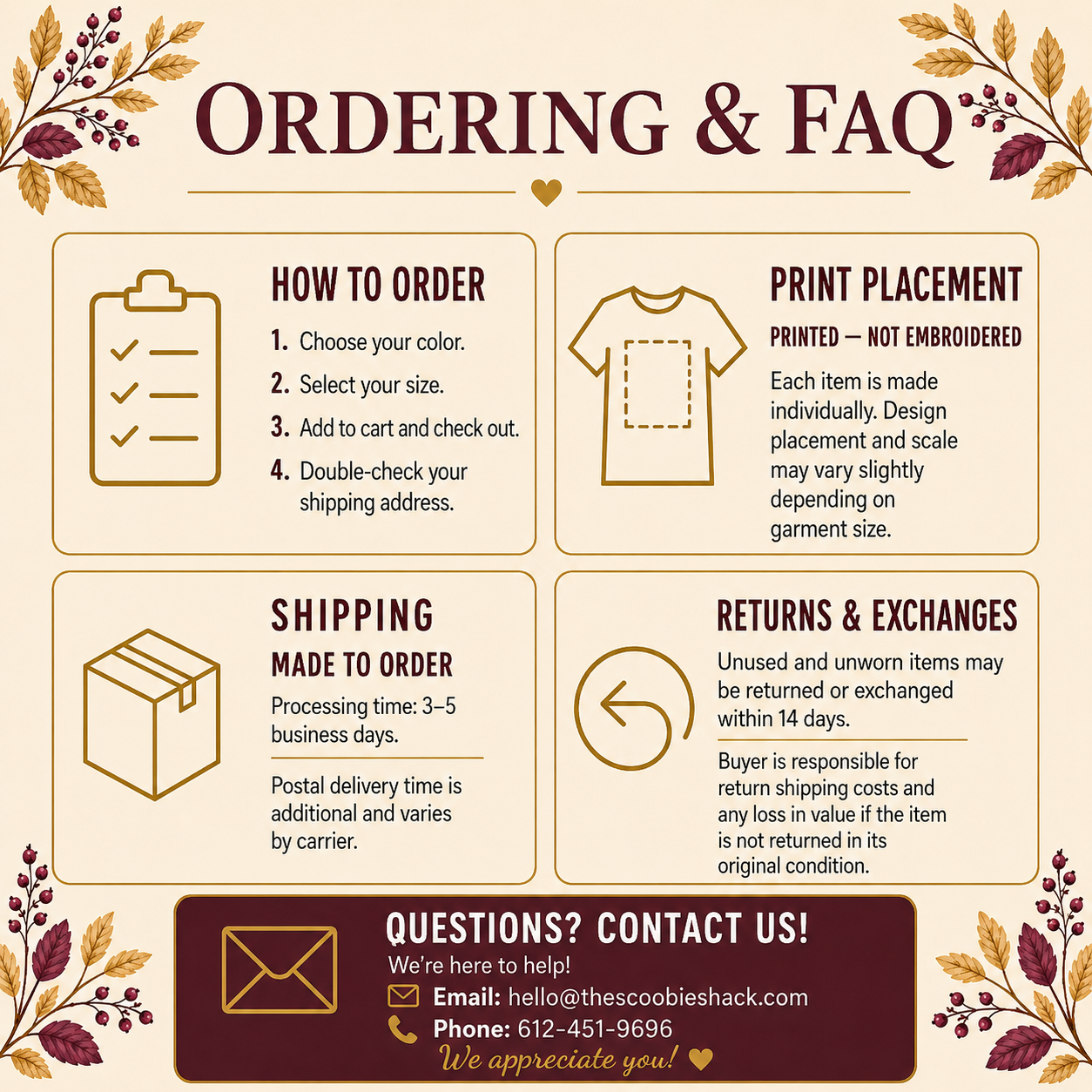 An informational ordering and FAQ graphic with four beige panels, brown header text, and leaf illustrations. The panels cover how to order, print placement, shipping, and returns, with contact details at the bottom.