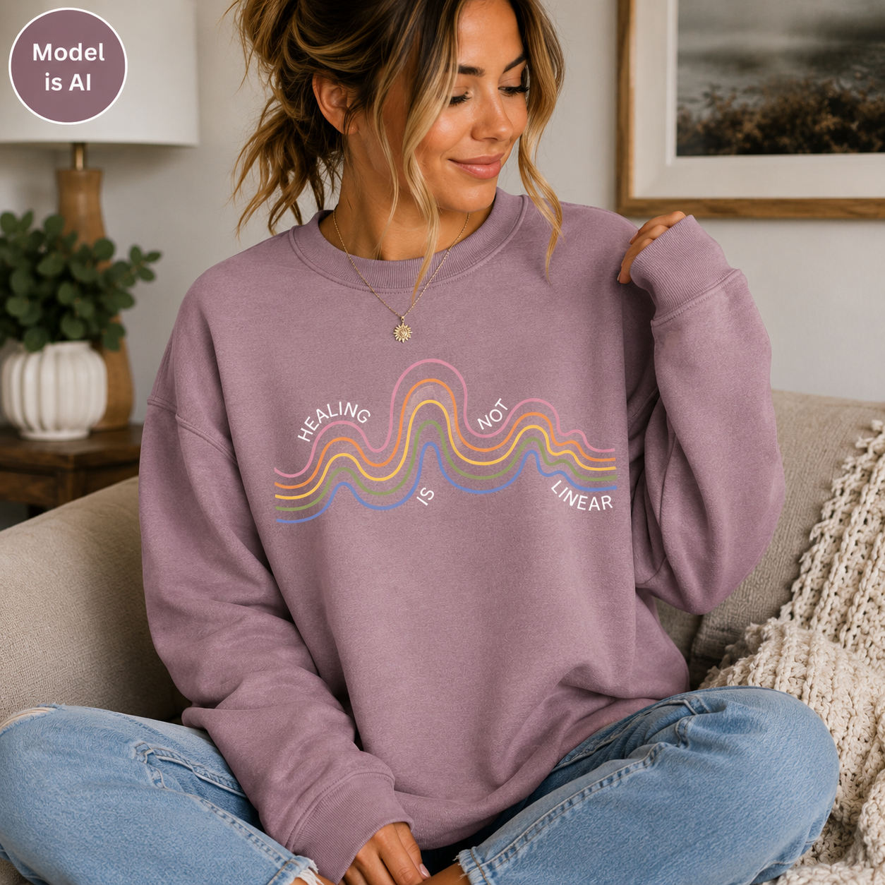 A woman sitting on a couch wearing a dusty purple sweatshirt with a colorful wavy line graphic and the text 'HEALING IS NOT LINEAR'.