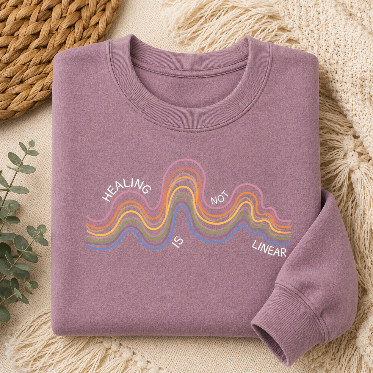 A folded dusty purple sweatshirt with a colorful wavy graphic and the text 'HEALING IS NOT LINEAR' is displayed on a cozy beige textured blanket with a woven basket and eucalyptus leaves.