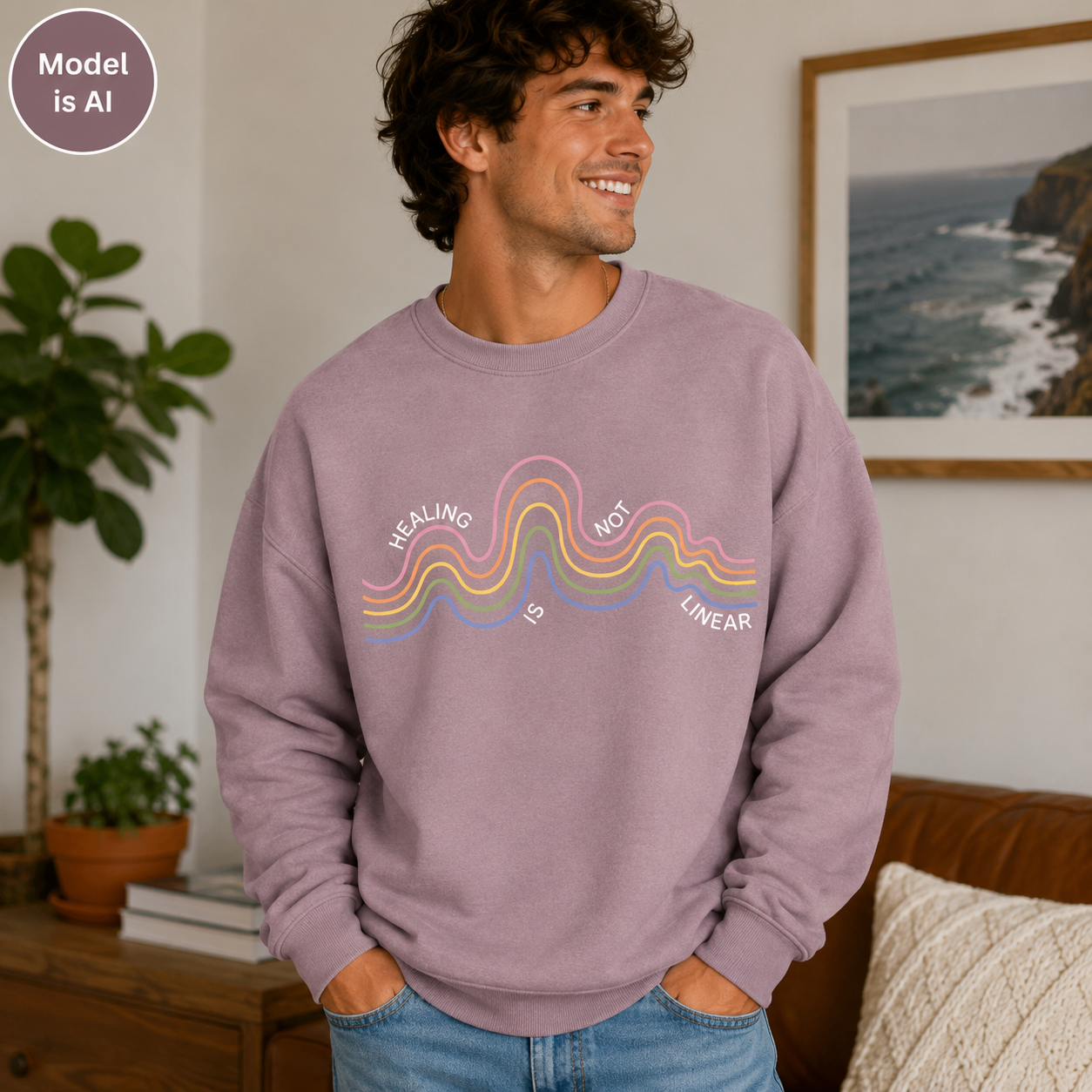 A man wearing a mauve-purple crewneck sweatshirt with a colorful wavy graphic and the text 'HEALING IS NOT LINEAR' on the front, standing in a cozy living room setting.