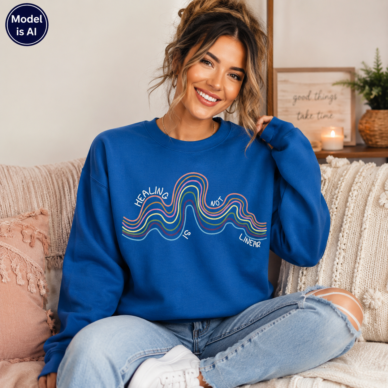 A woman sitting on a cozy couch wearing a vibrant blue crewneck sweatshirt with a colorful wavy graphic and the words 'HEALING' and 'LOVE' printed on the front. The image has a 'Model is AI' badge in the top left corner.