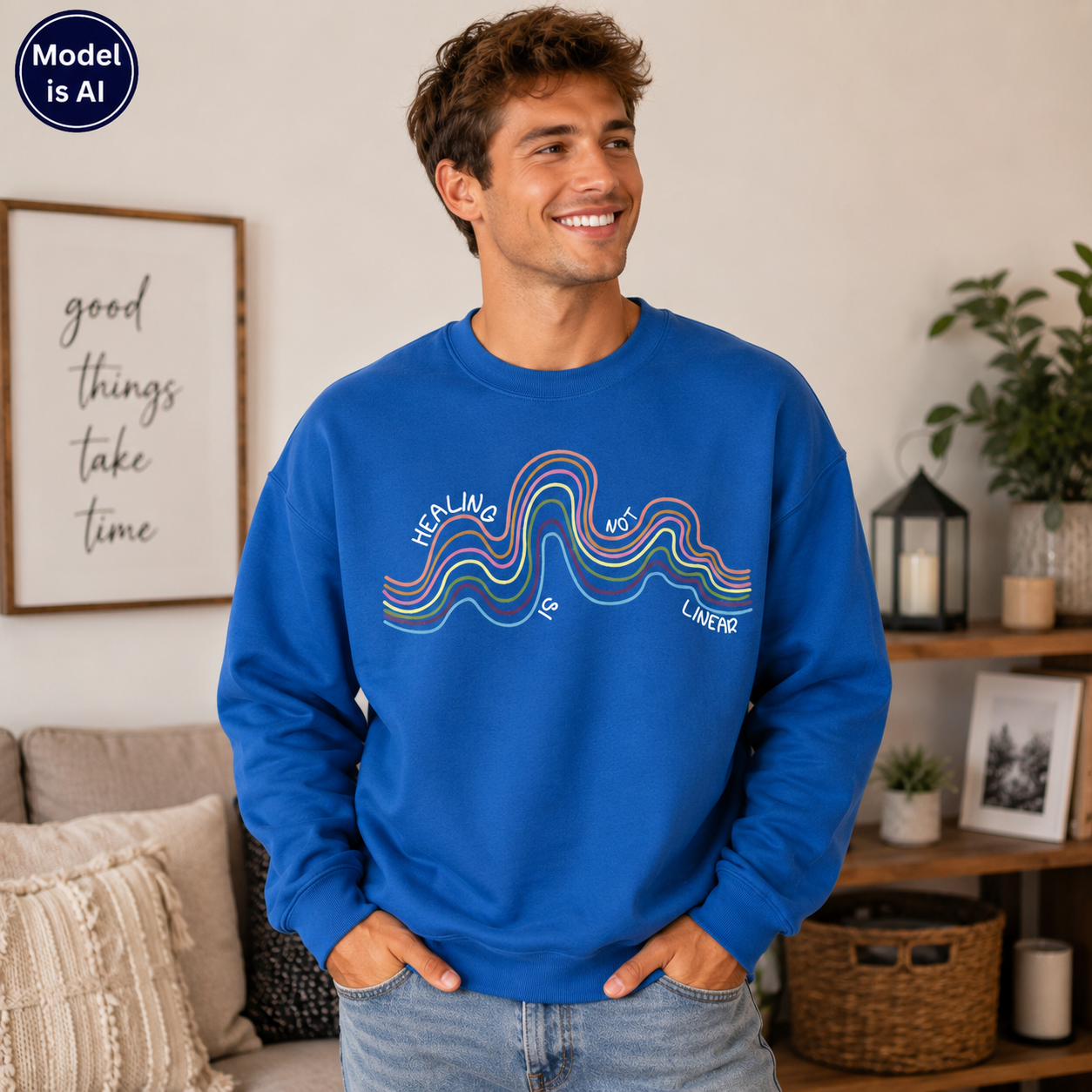 A man wearing a bright blue crewneck sweatshirt with a colorful wavy line graphic and the words 'HEALING IS LIVING' on the front, standing in a cozy living room setting.