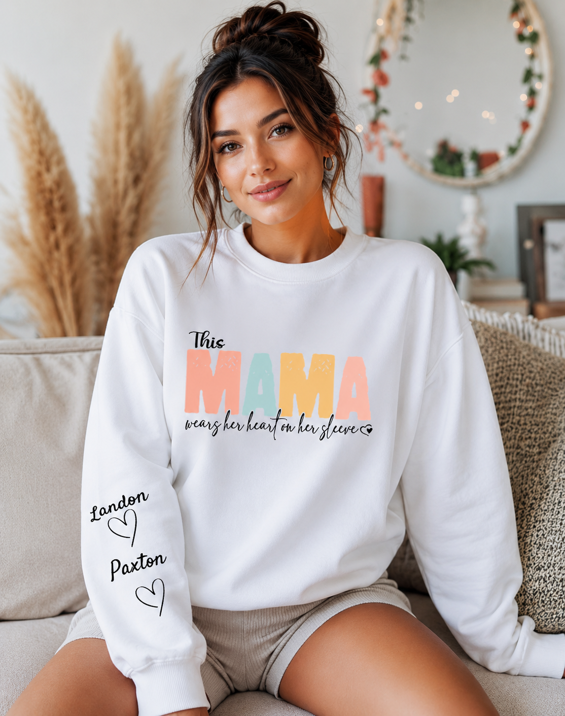 Custom This Mama Wears Her Heart on Her Sleeve Crewneck