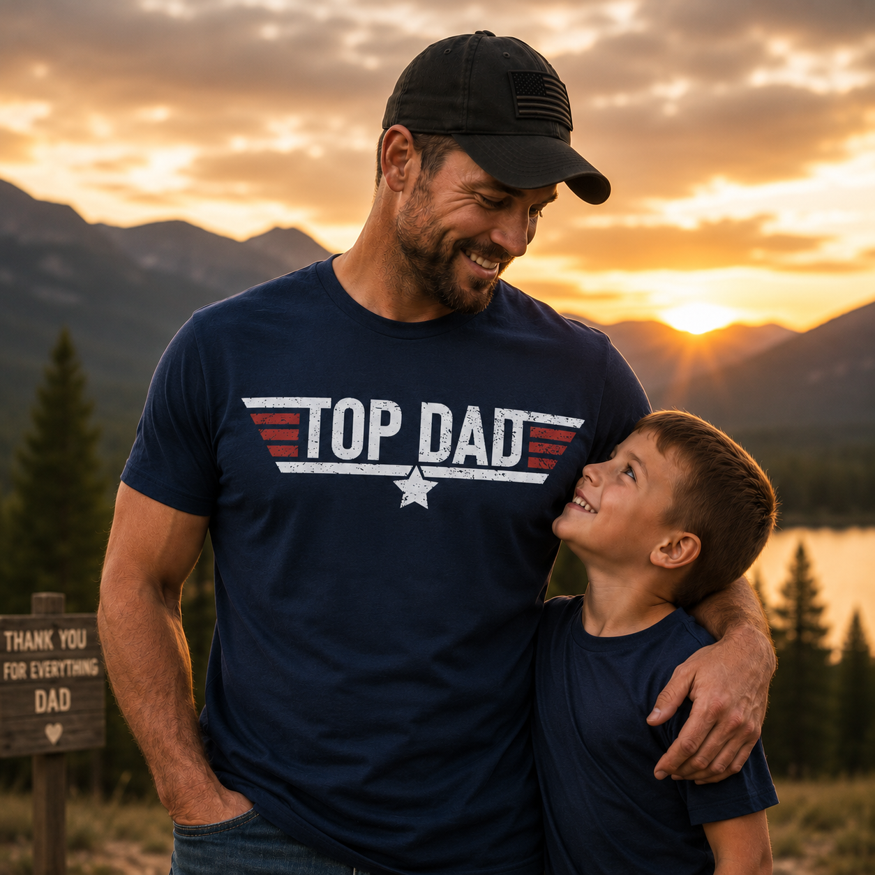 Man wearing a 'Top Dad' shirt with a child in a mountainous landscape at sunset.