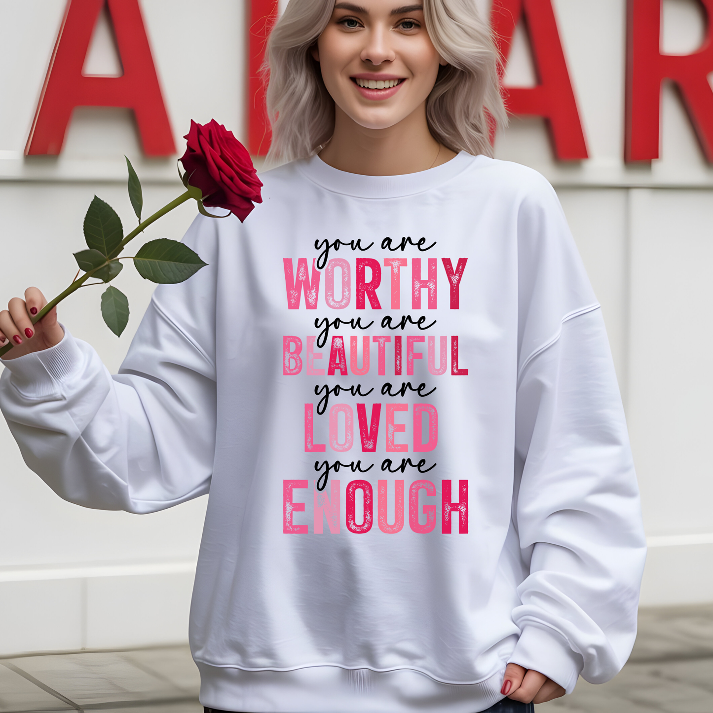 Worthy Beautiful Loved Crewneck - Valentine's Day Sweatshirt