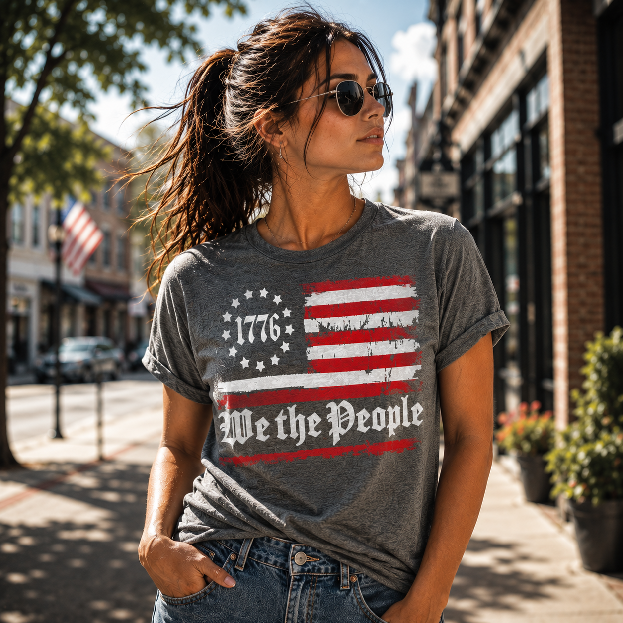 Woman wearing a t-shirt with an American flag design on a city street.