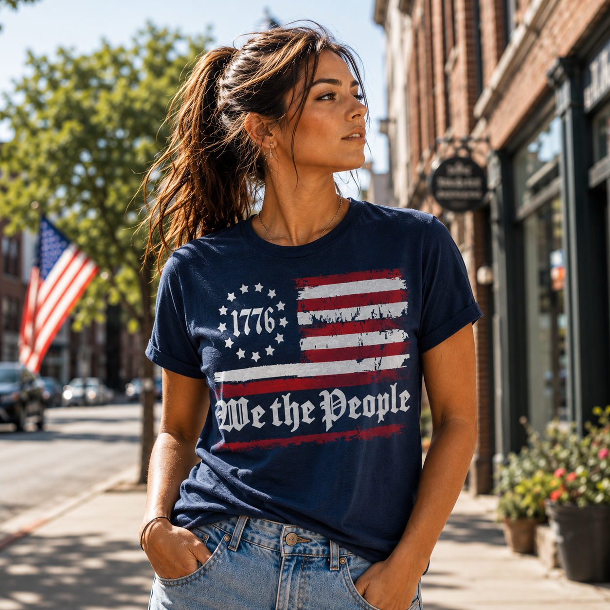 Woman wearing a t-shirt with an American flag design on a city street.