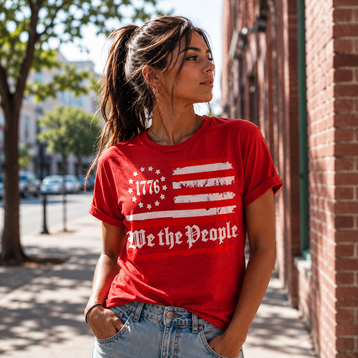 Woman wearing a red t-shirt with an American flag design and 'We the People' text, standing on a street.