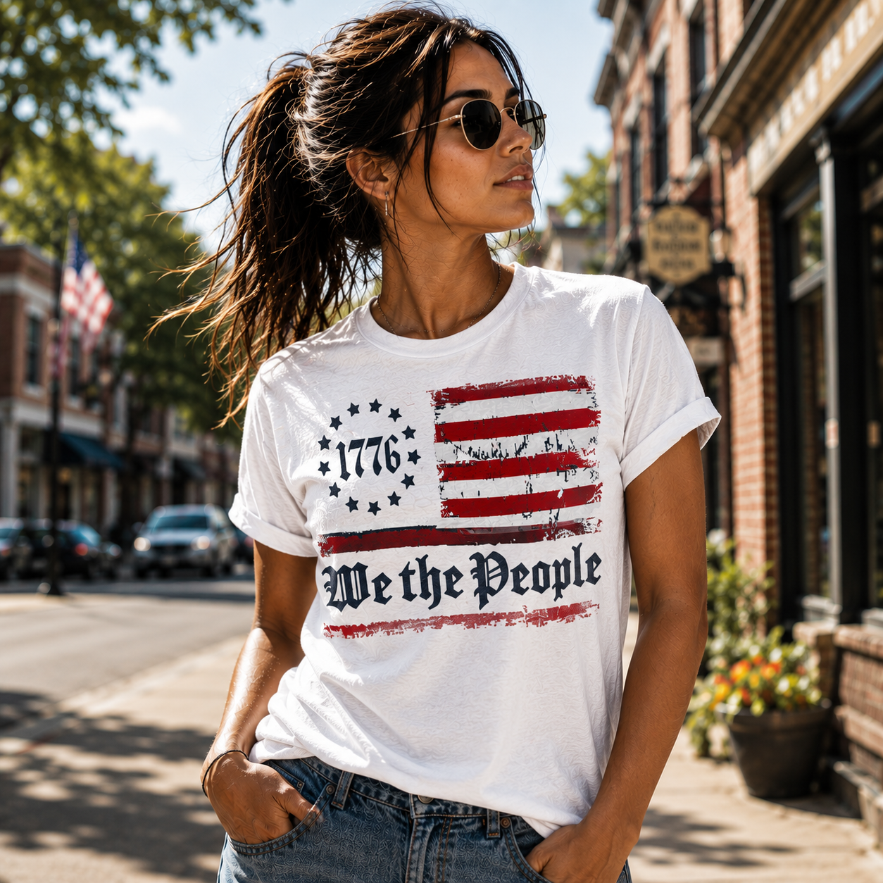 Woman wearing a white t-shirt with a flag design and 'We the People' text on a street.