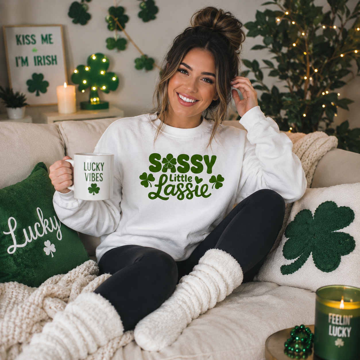 Woman sitting on a couch holding a mug with St. Patrick's Day-themed text, surrounded by festive decorations.