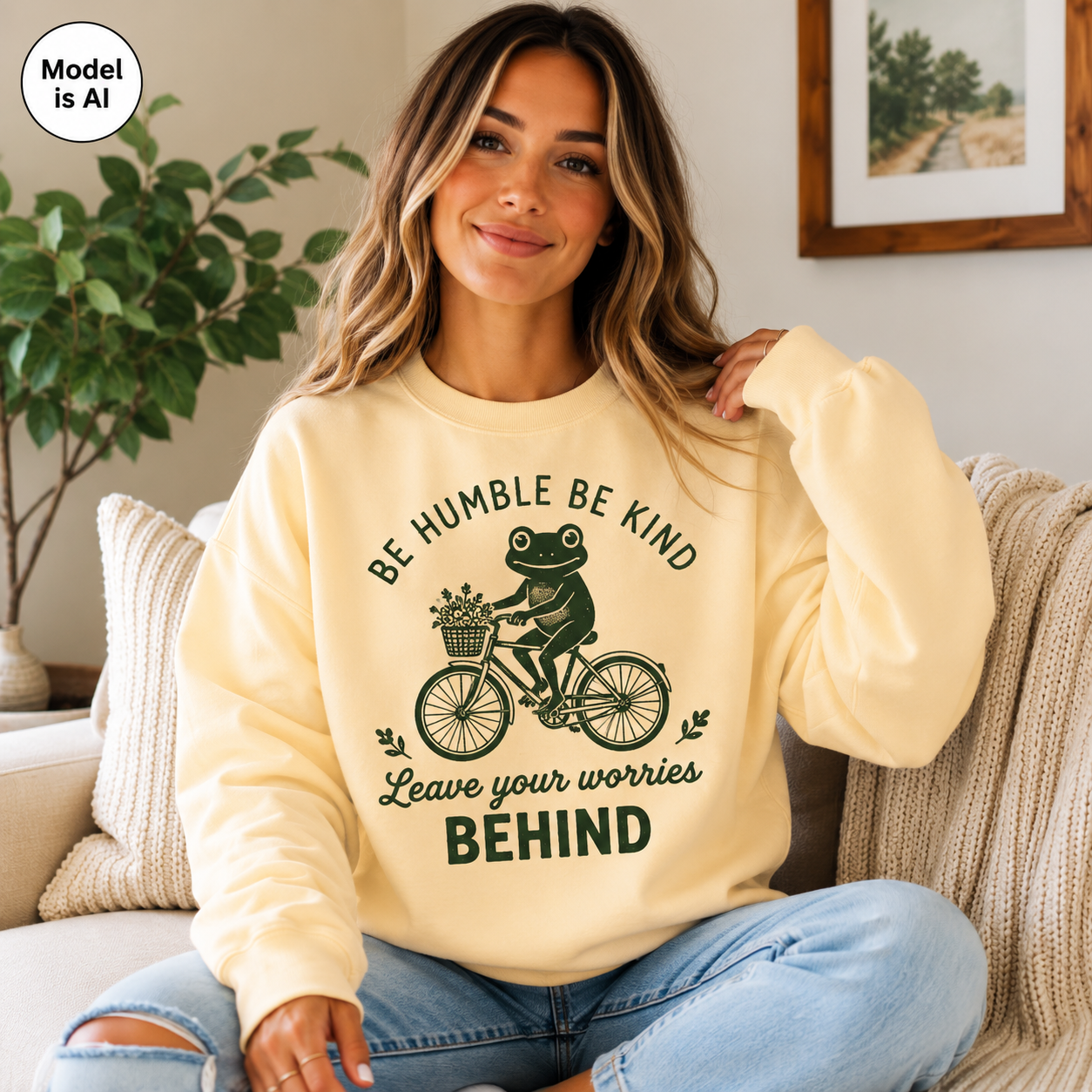A woman sitting on a beige couch wearing a cream-colored sweatshirt with a dark green graphic of a frog on a bicycle and the text 'BE HUMBLE BE KIND Leave your worries BEHIND'.