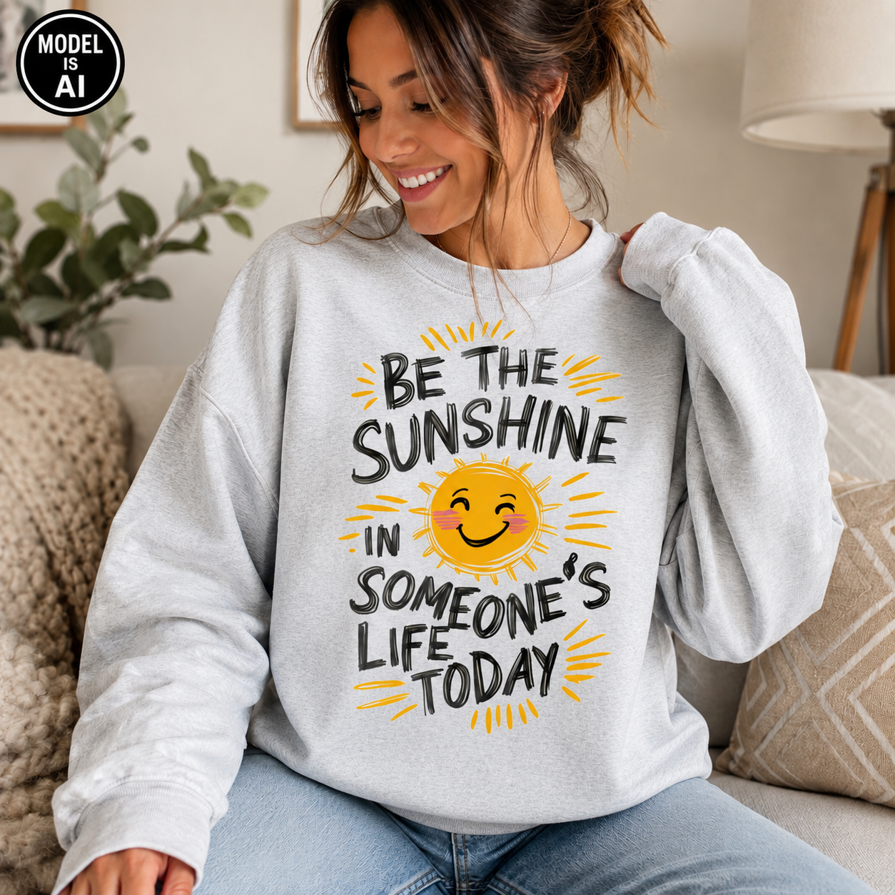 A woman sitting on a couch wearing a light gray sweatshirt with a graphic that reads 'BE THE SUNSHINE IN SOMEONE'S LIFE TODAY' around a smiling yellow sun. The photo is styled in a cozy indoor setting with a lamp and plant in the background.