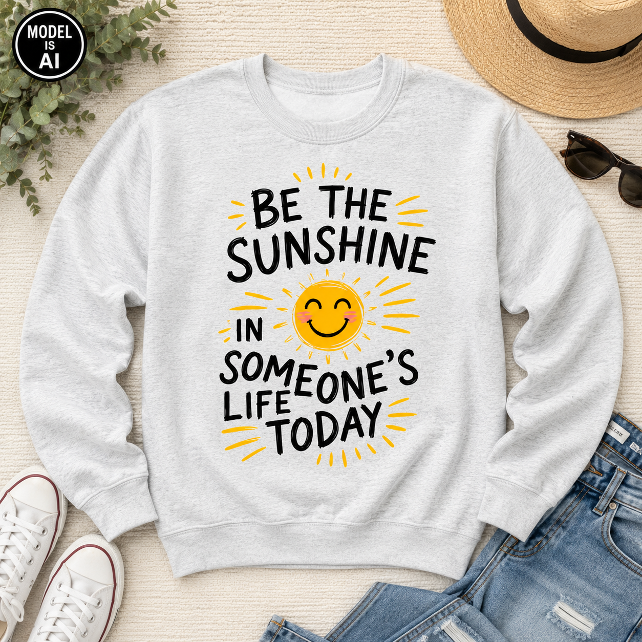 A light heather gray crewneck sweatshirt laid flat on a light wood surface, featuring a yellow smiling sun graphic and the text 'BE THE SUNSHINE IN SOMEONE'S LIFE TODAY' in black. Styled flat-lay props include a straw hat, sunglasses, white sneakers, blue jeans, and greenery.