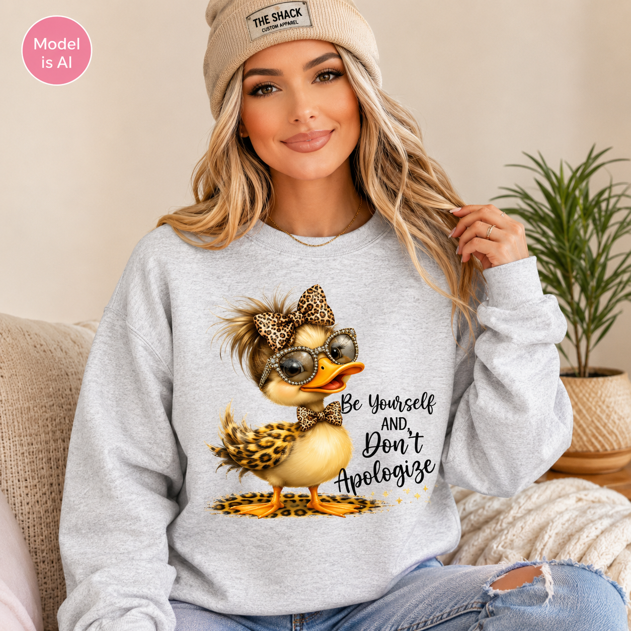 A woman wearing a light gray sweatshirt with a graphic of a duck wearing leopard-print sunglasses and bow tie, next to the text 'Be Yourself AND, Don't Apologize'. She is wearing a beige beanie and sitting on a couch.