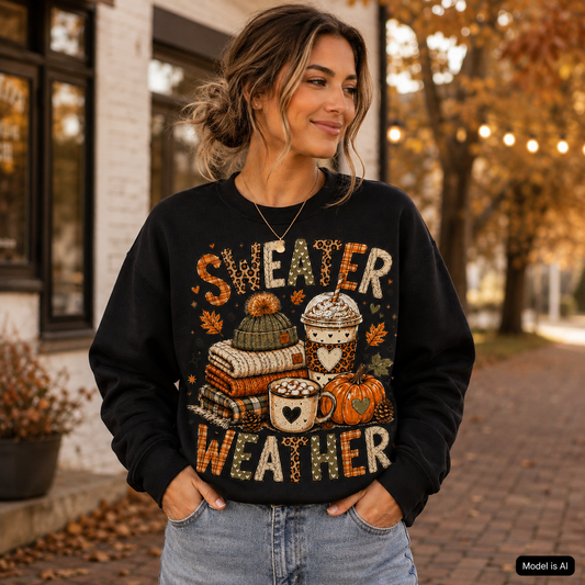 Black Sweater Weather sweatshirt with cozy fall graphic featuring sweaters, coffee, pumpkin and autumn leaves on female model