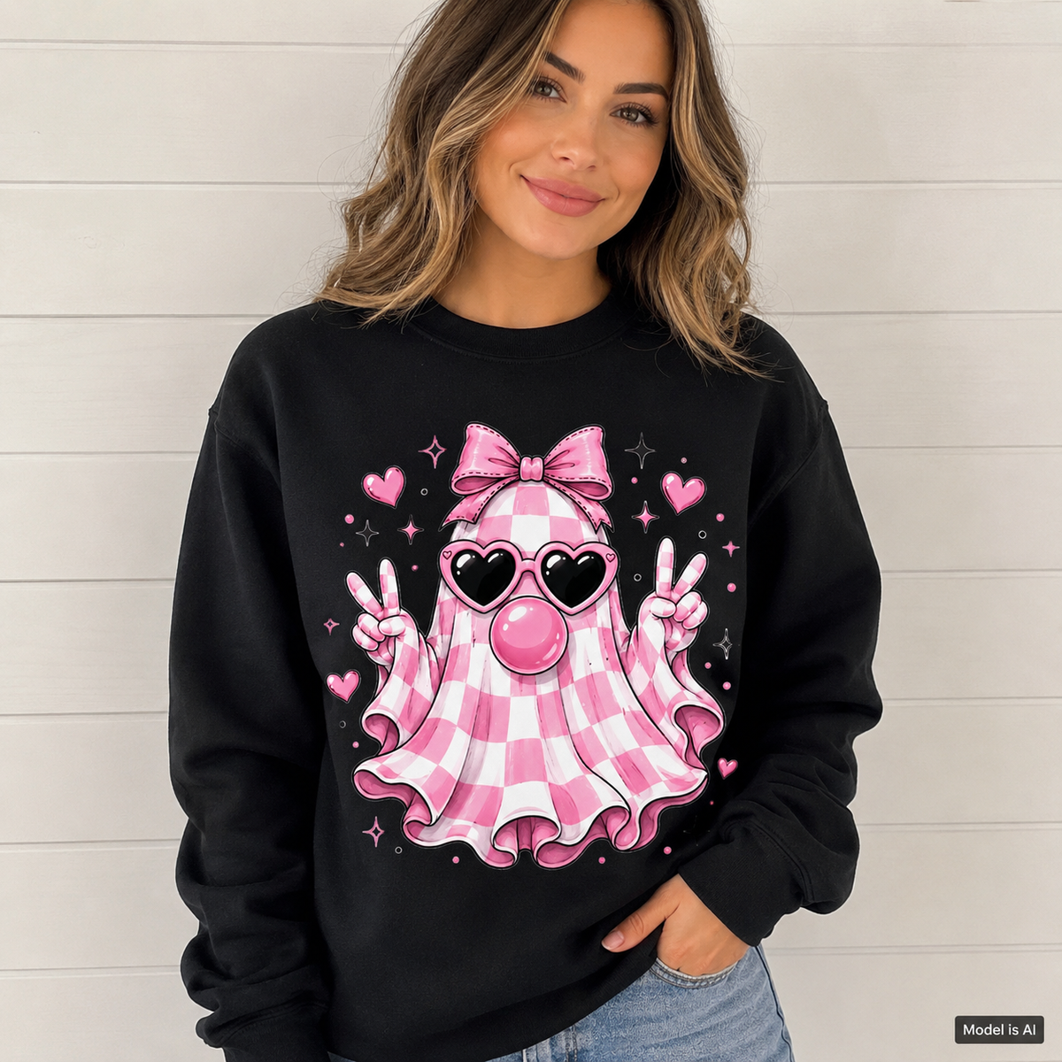 Female model wearing a black cute ghost sweatshirt with a pink gingham ghost, bow, heart sunglasses, bubblegum and peace signs.