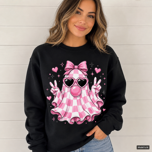 Female model wearing a black cute ghost sweatshirt with a pink gingham ghost, bow, heart sunglasses, bubblegum and peace signs.