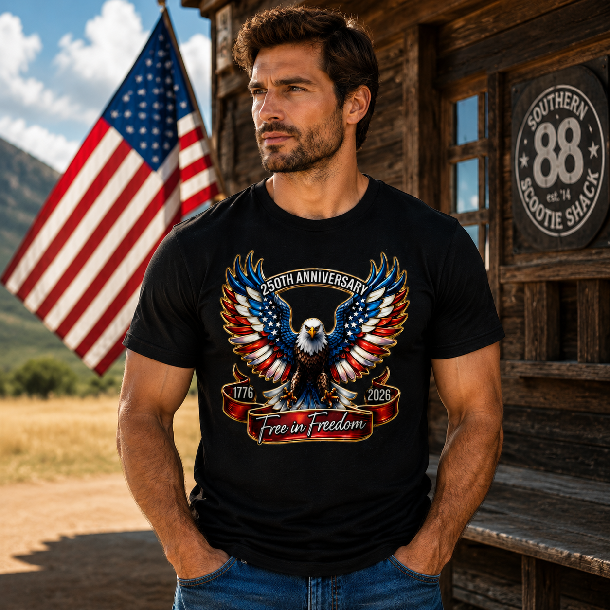 Man wearing a black t-shirt with an eagle design in front of a wooden building and American flag.