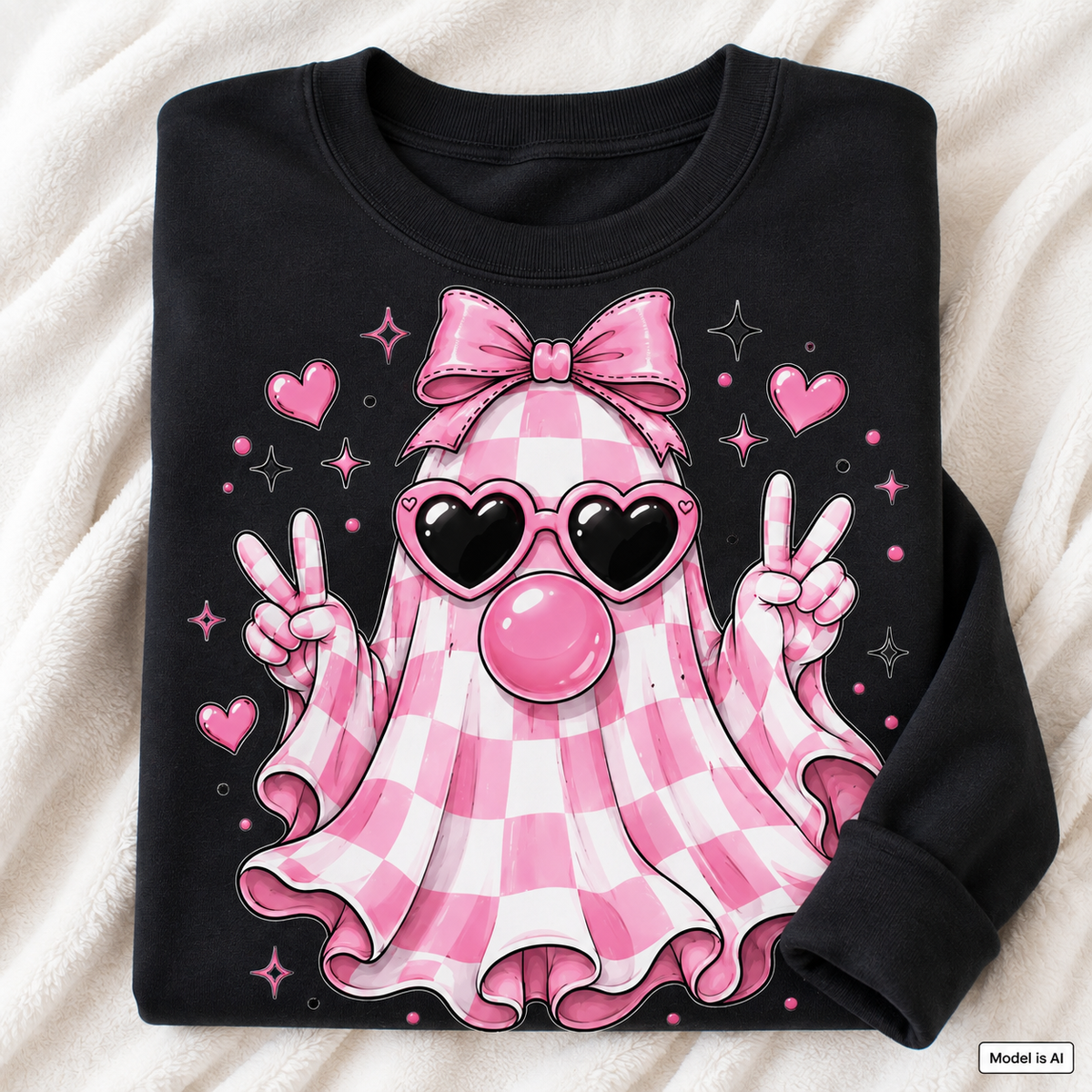 Folded black cute ghost sweatshirt featuring a pink gingham ghost with bow, heart sunglasses, bubblegum and peace signs.