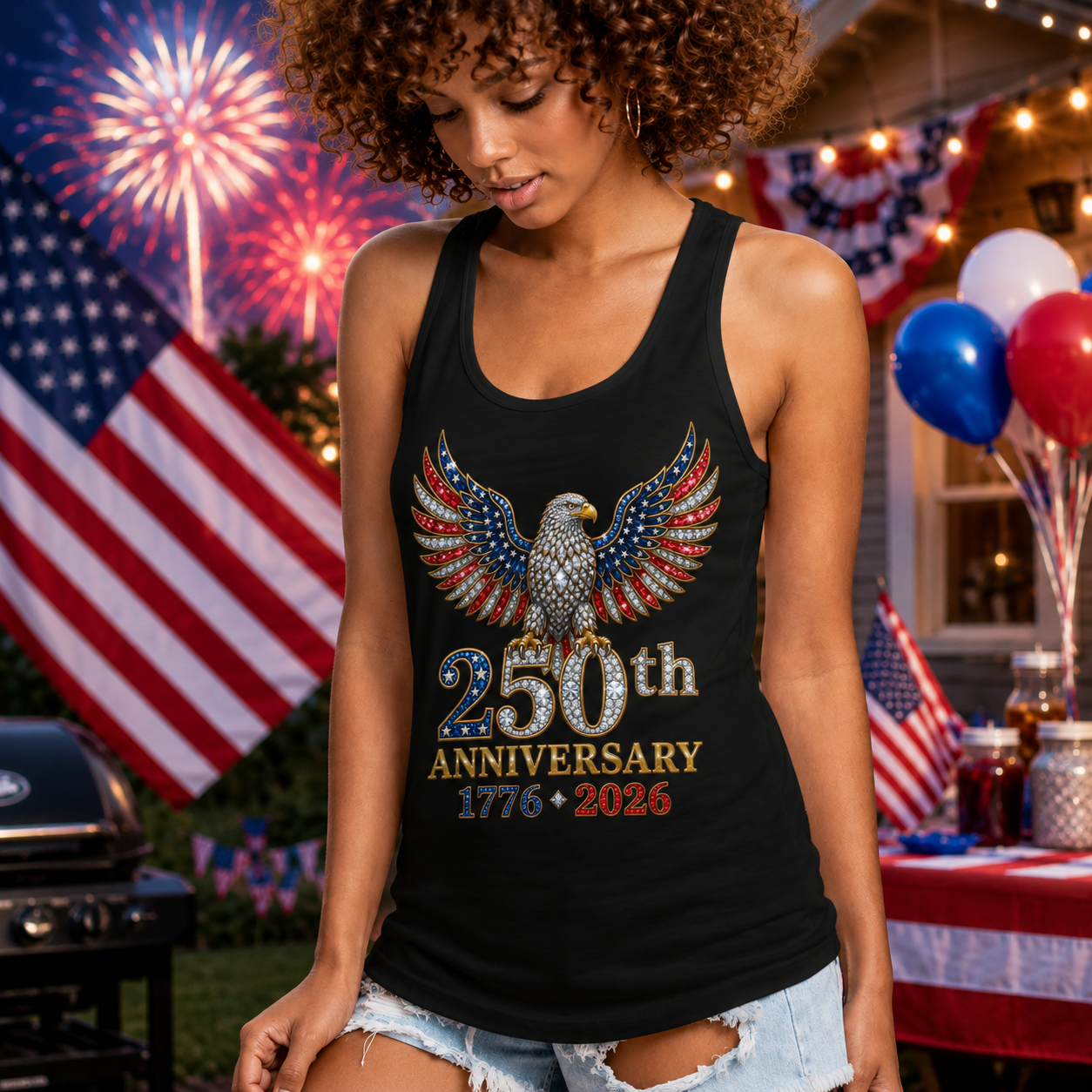 Woman wearing a black tank top with an eagle design and '250th Anniversary' text, standing in front of fireworks and American flags.