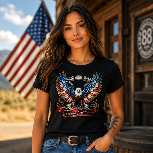 Woman wearing a black t-shirt with an eagle design in front of an American flag. The Scoobie Shack.