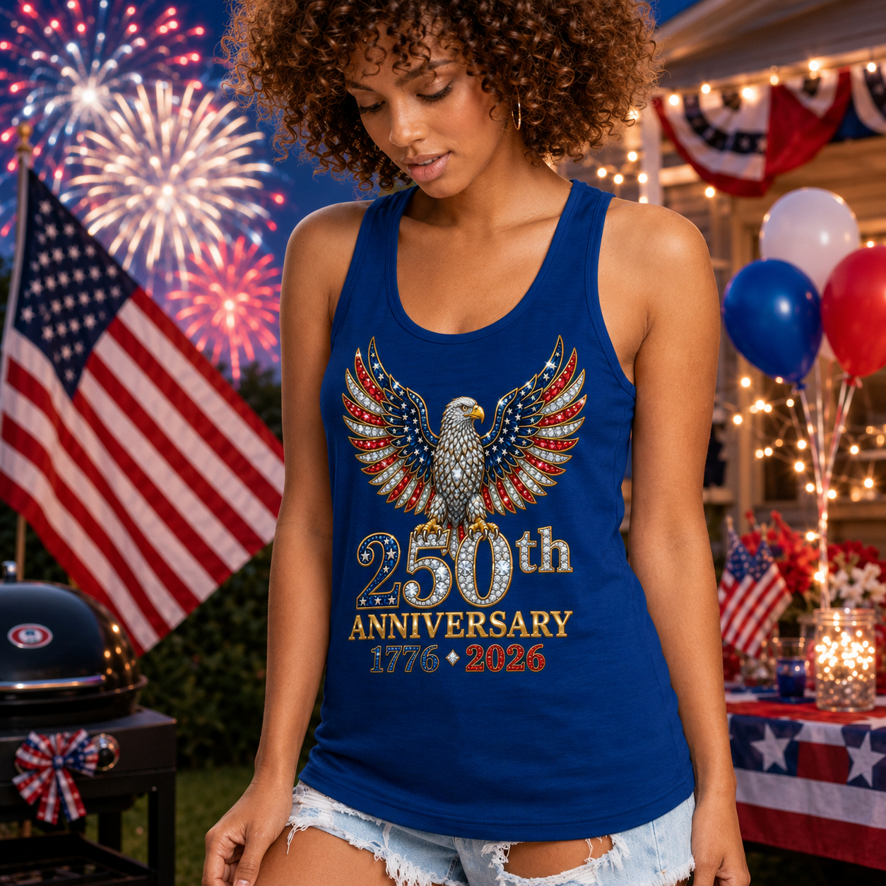 Woman wearing a blue tank top with an eagle design and '250th Anniversary' text, standing in front of fireworks and American flags.