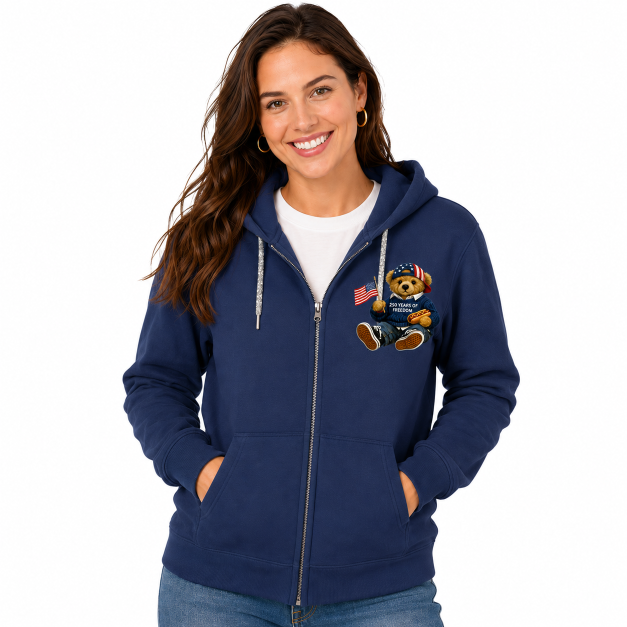 Woman wearing a navy blue hoodie with a bear graphic on a white background