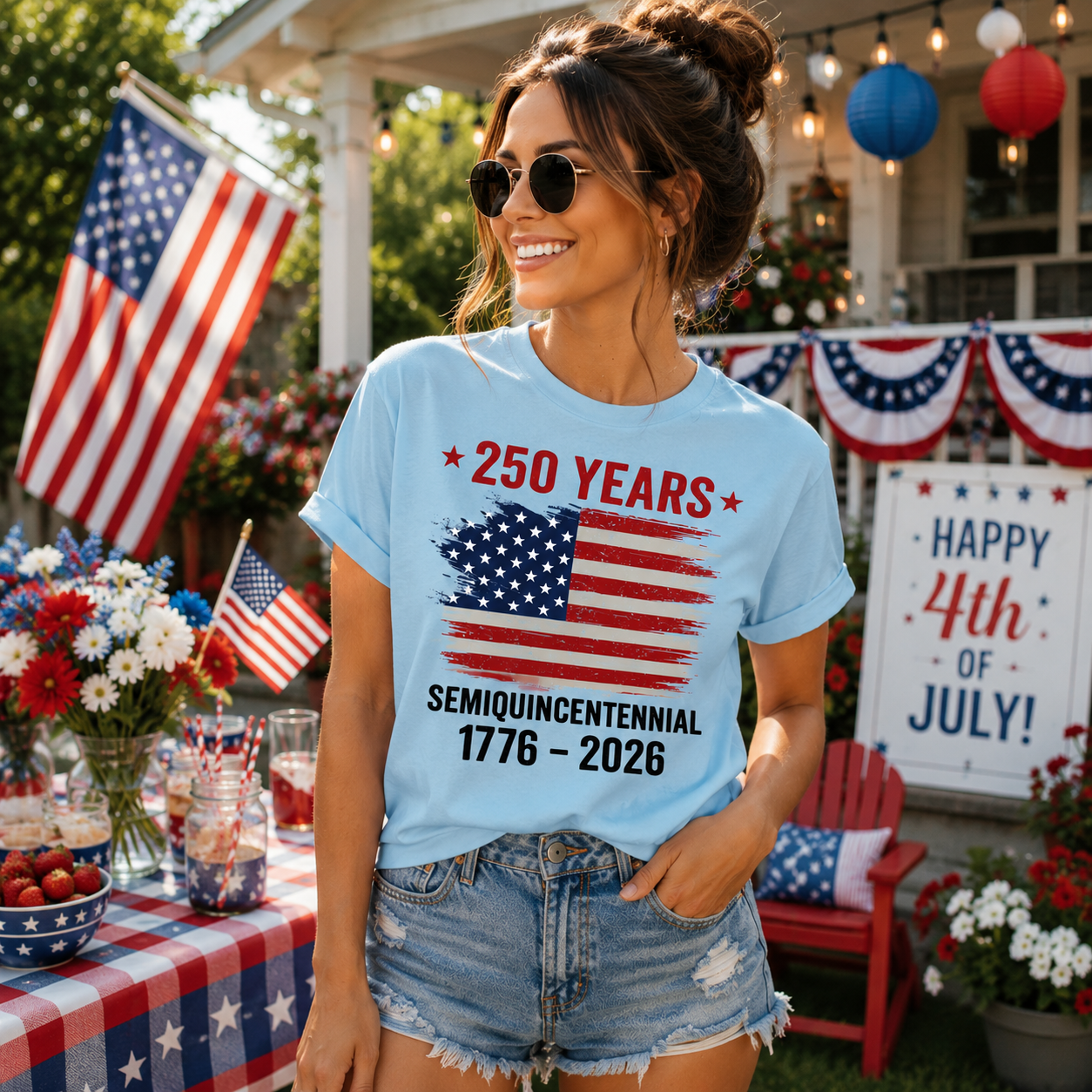 Woman wearing a light blue t-shirt with 4th of July-themed design, standing outdoors with American flags and decorations.