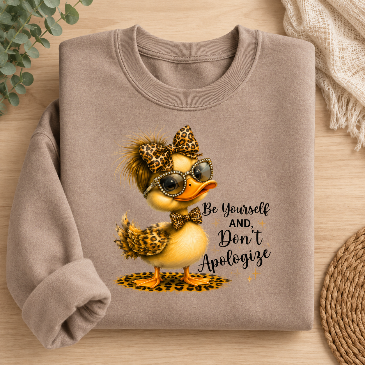 A folded taupe sweatshirt on a light wood surface, featuring a graphic of a yellow duck wearing leopard-print sunglasses, sunglasses, and a bow tie, with the text 'Be Yourself AND Don't Apologize'.