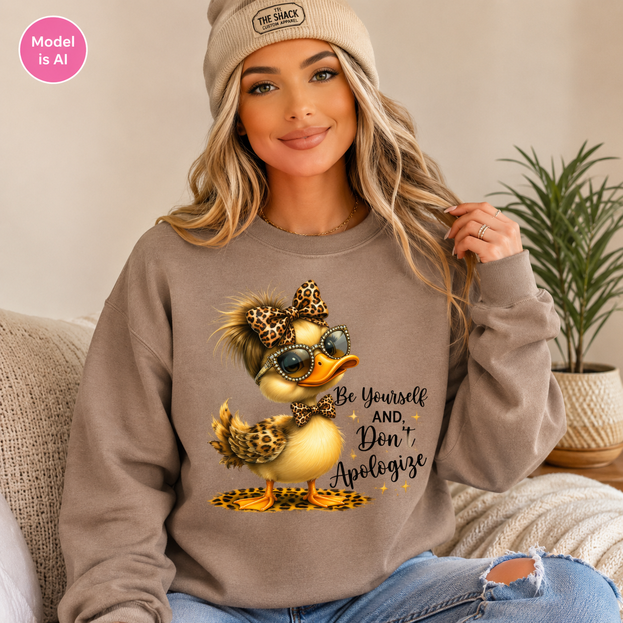 A woman wearing a beige beanie and a taupe sweatshirt with a graphic of a cute duck wearing leopard-print sunglasses and bow tie, sitting on a couch next to a potted plant.