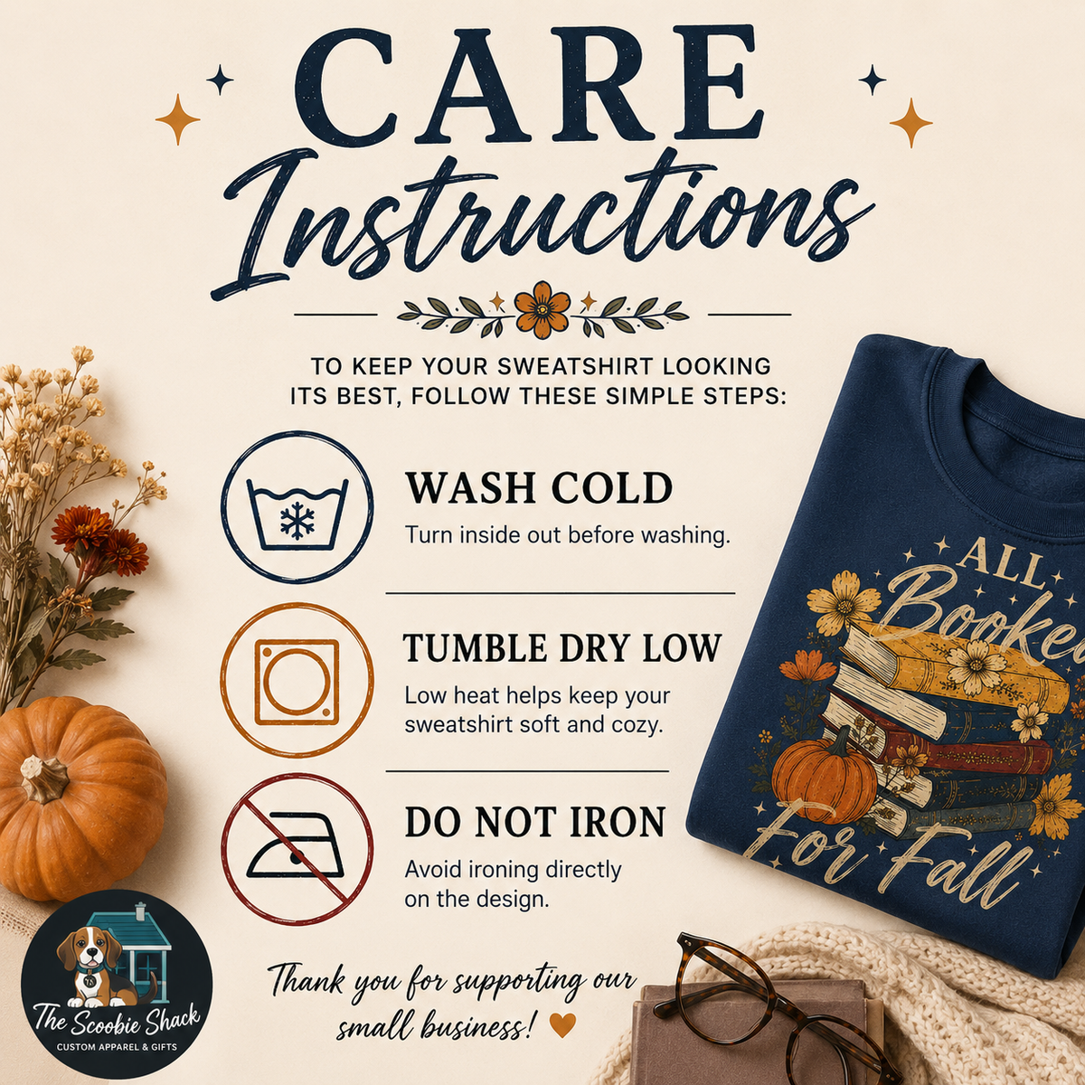 Fall Book Lover Sweatshirt care instructions showing wash cold, tumble dry low and do not iron, with All Booked for Fall crewneck graphic.