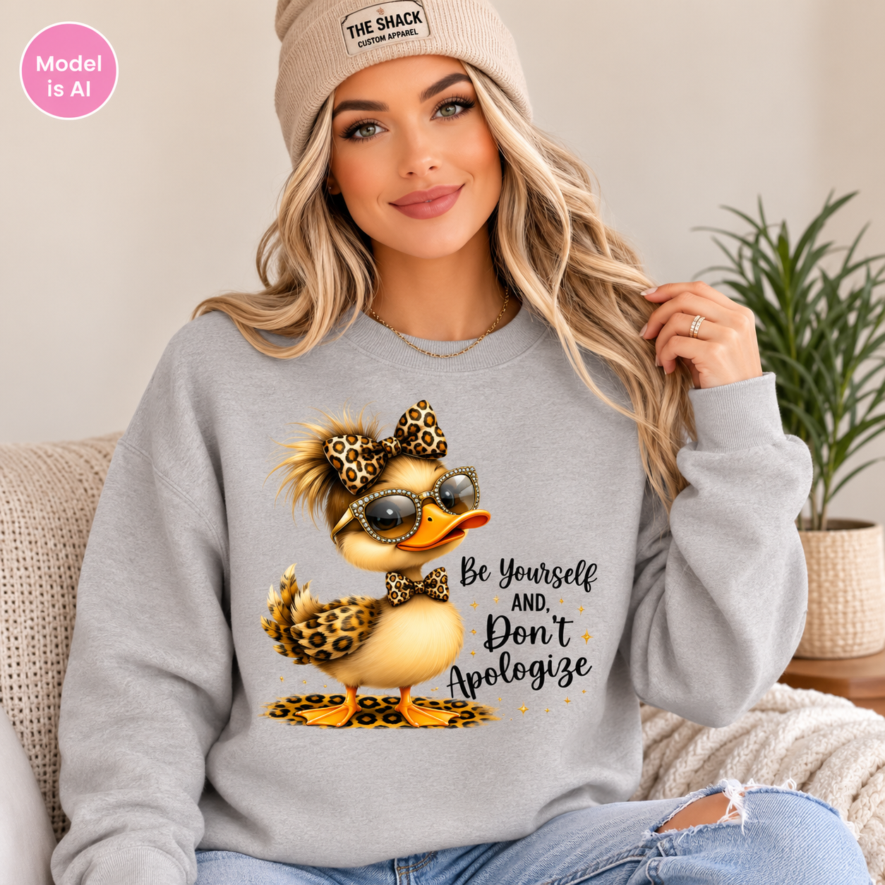 A woman wearing a light gray sweatshirt with a graphic of a cute duck wearing leopard-print sunglasses and bow tie, sitting on a couch. The sweatshirt has the text 'Be Yourself AND Don't Apologize' printed on the front.