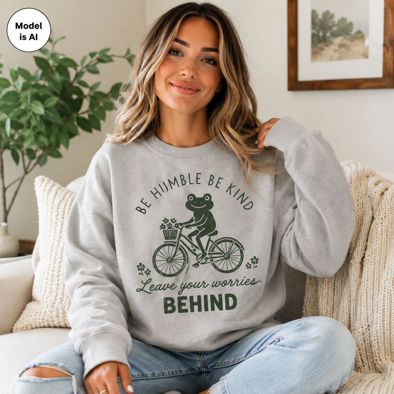 A woman sitting on a couch wearing a light gray sweatshirt with a dark green graphic of a frog riding a bicycle and the text 'BE HUMBLE BE KIND Leave your worries BEHIND'.