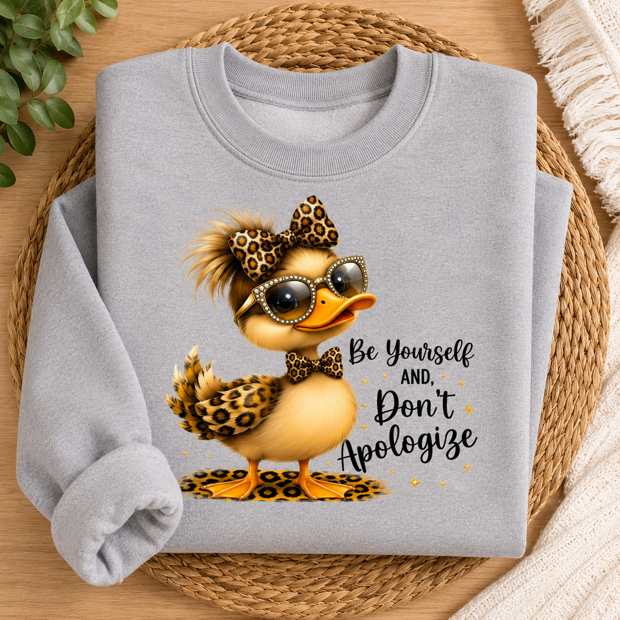 A folded light gray sweatshirt laid flat on a woven round mat, featuring a cartoon duck wearing leopard-print sunglasses, sunglasses, and bow tie with the text 'Be Yourself AND Don't Apologize' printed beside it.