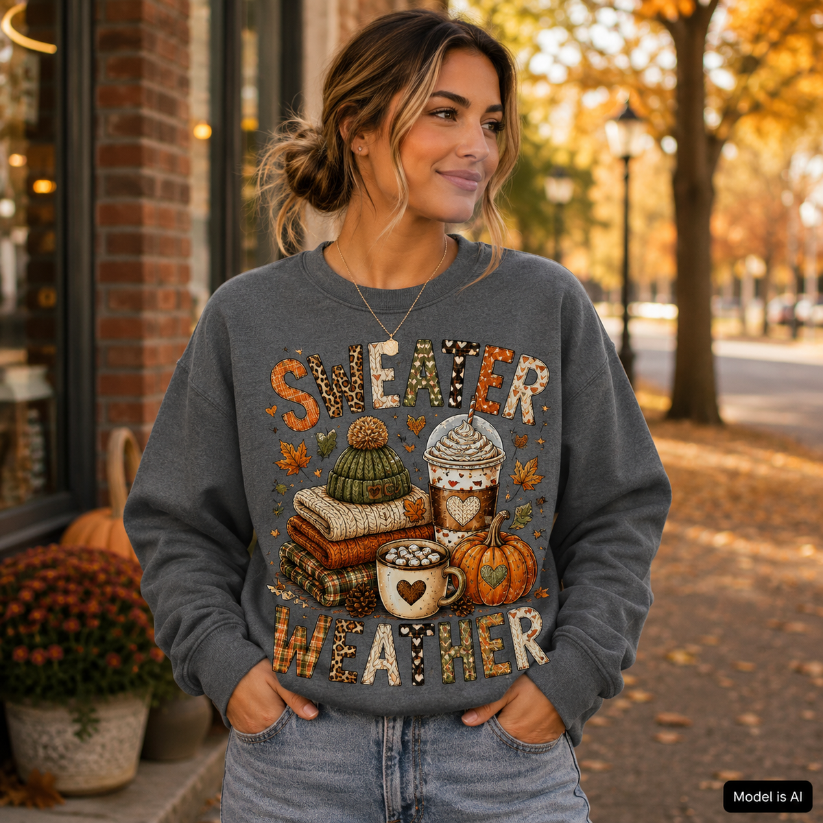 Charcoal Sweater Weather sweatshirt with cozy fall graphic featuring sweaters, coffee drinks, pumpkin and autumn leaves