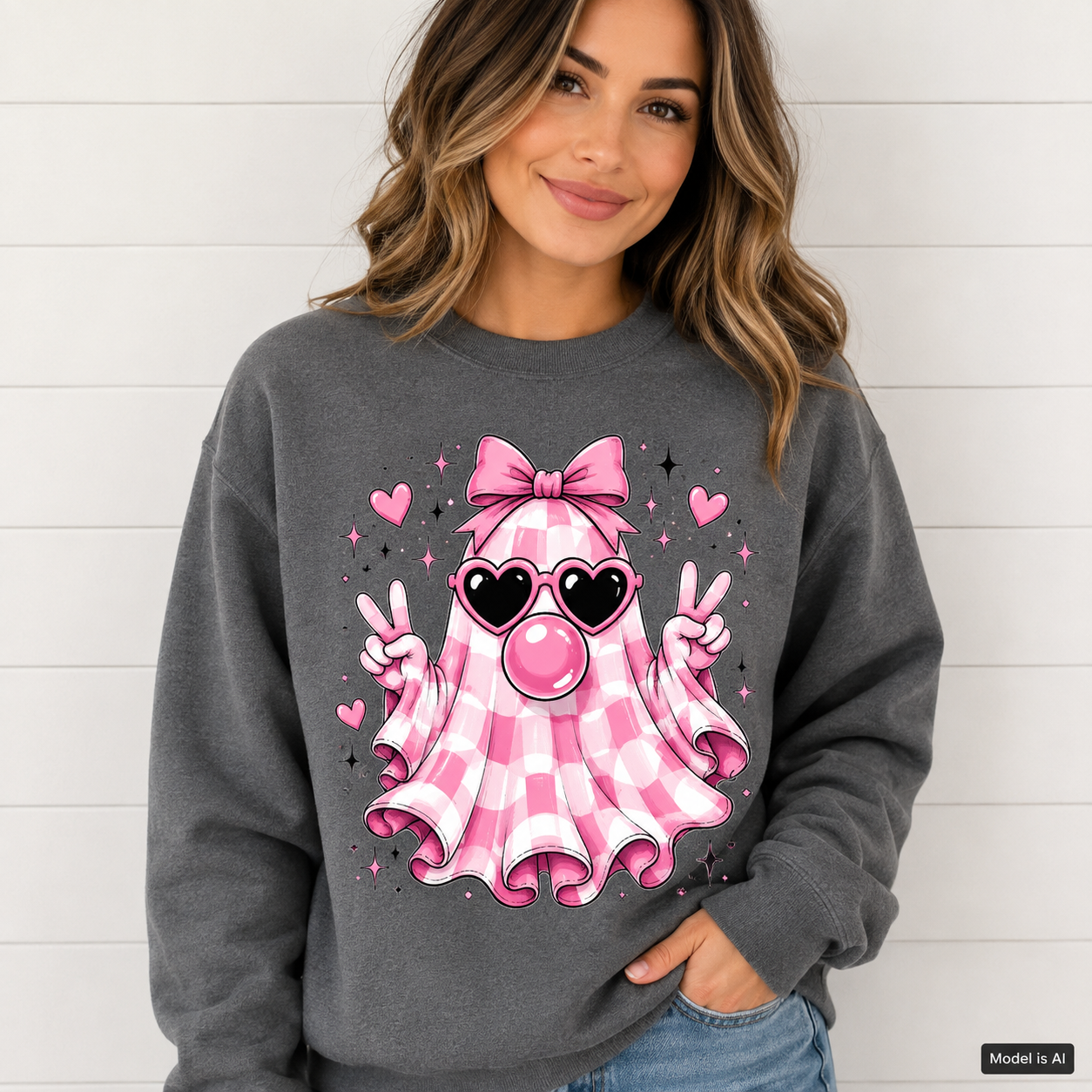 Female model wearing a charcoal cute ghost sweatshirt featuring a pink gingham ghost with bow, heart sunglasses, bubblegum and peace signs.