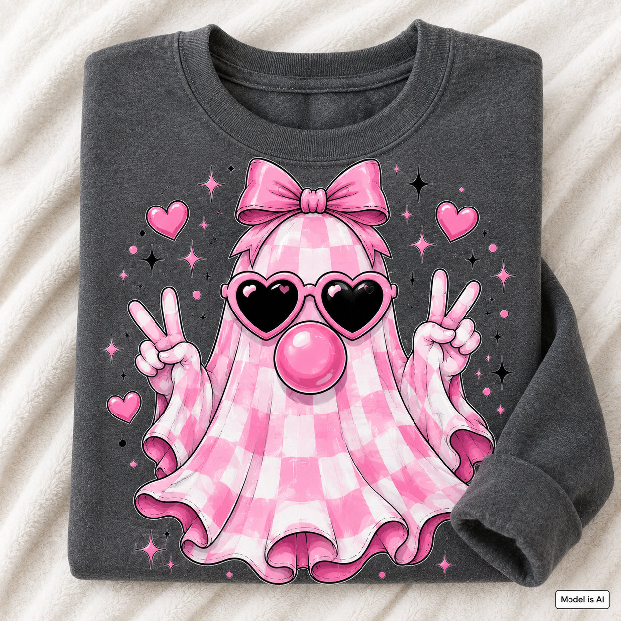 Folded charcoal cute ghost sweatshirt featuring a pink gingham ghost with bow, heart sunglasses, bubblegum and peace signs.
