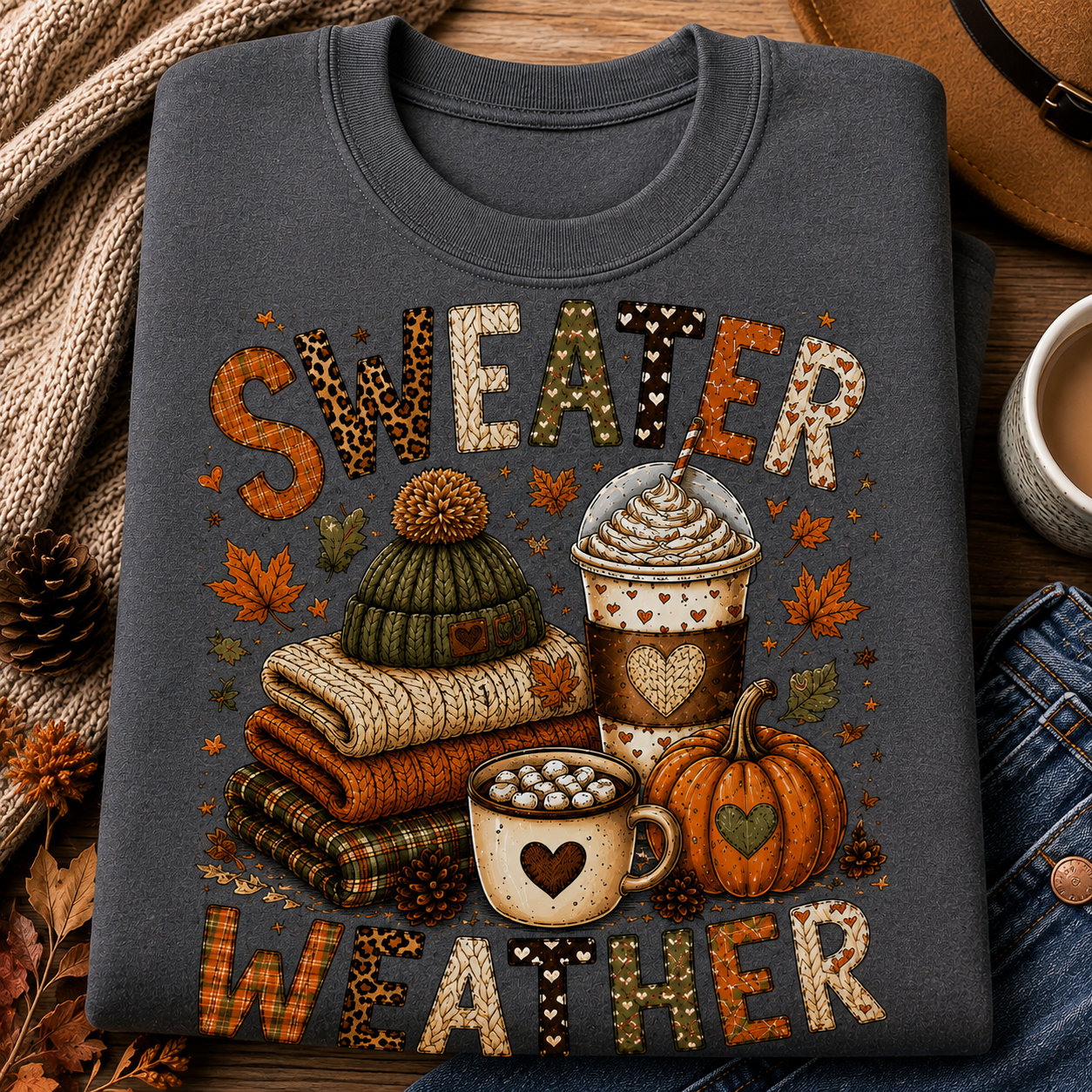 Folded charcoal Sweater Weather sweatshirt with cozy fall graphic featuring sweaters, coffee drinks, pumpkin and autumn leaves