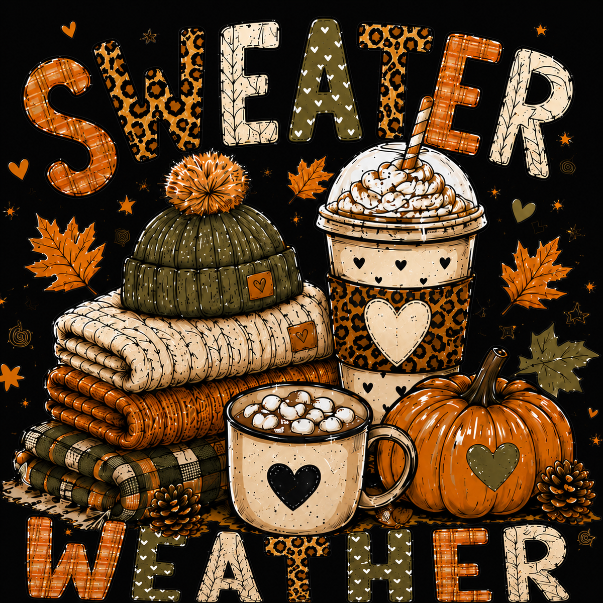 Close-up of Sweater Weather sweatshirt graphic featuring cozy sweaters, coffee drinks, pumpkin, fall leaves and patchwork lettering