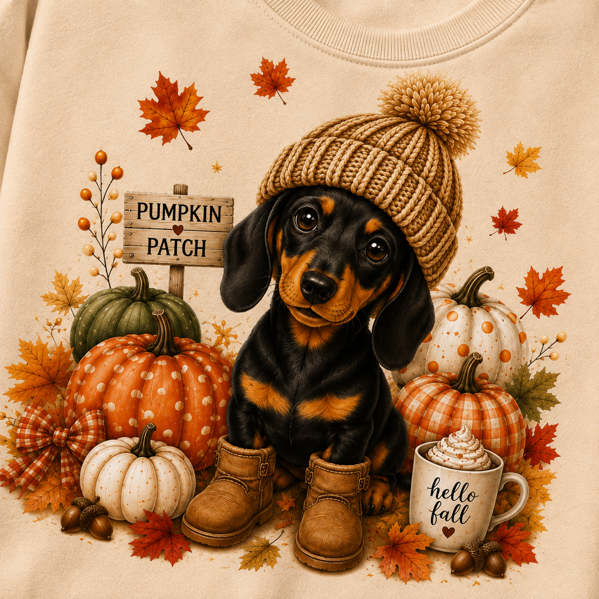 Close-up of Fall Dachshund Sweatshirt graphic featuring a dachshund in a knit hat and boots with pumpkins, autumn leaves, and a hello fall mug.